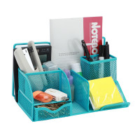 TOROTON Mesh Office Supply Caddy with Drawer, Metal Desk Organizer Storage Rack, Pen/Pencil Holder and Smartphone Holder - Sky Blue